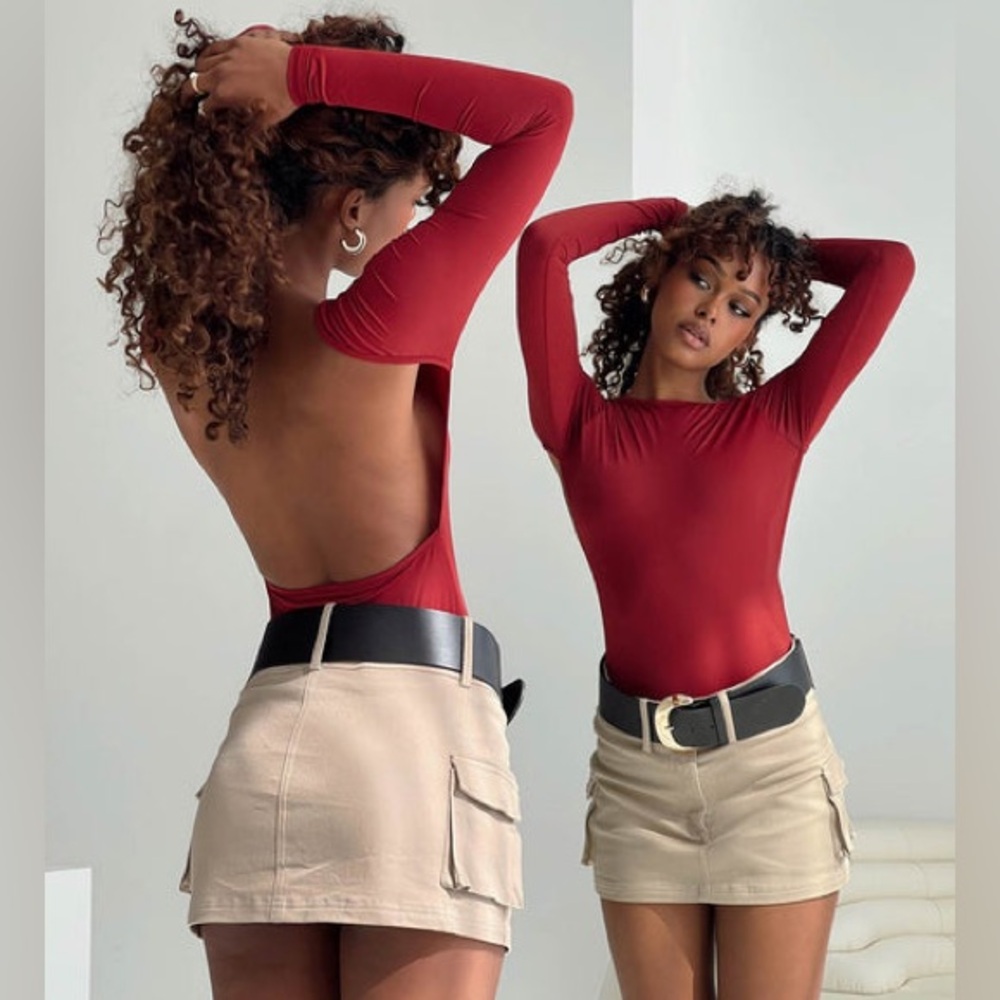 Princess Polly Gatewood Long Sleeve Bodysuit Maroon Slinky Backless 4 Dark Red